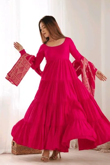 Pista Silk Gown With Jacquard Banarasi Dupatta - Lipstick Red, L