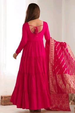 Pista Silk Gown With Jacquard Banarasi Dupatta - Lipstick Red, L