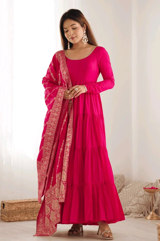 Pista Silk Gown With Jacquard Banarasi Dupatta - Lipstick Red, M