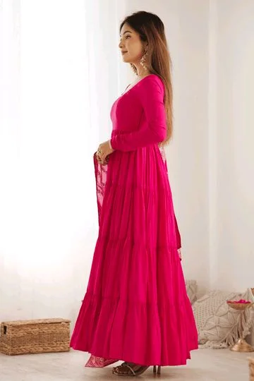 Pista Silk Gown With Jacquard Banarasi Dupatta - Lipstick Red, M