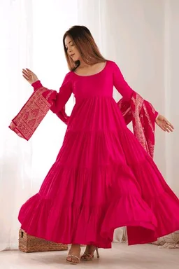 Pista Silk Gown With Jacquard Banarasi Dupatta - Lipstick Red, XL