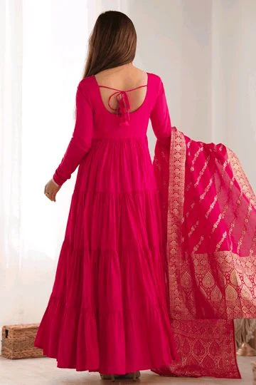 Pista Silk Gown With Jacquard Banarasi Dupatta - Lipstick Red, XL