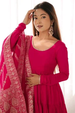 Pista Silk Gown With Jacquard Banarasi Dupatta - Lipstick Red, XL