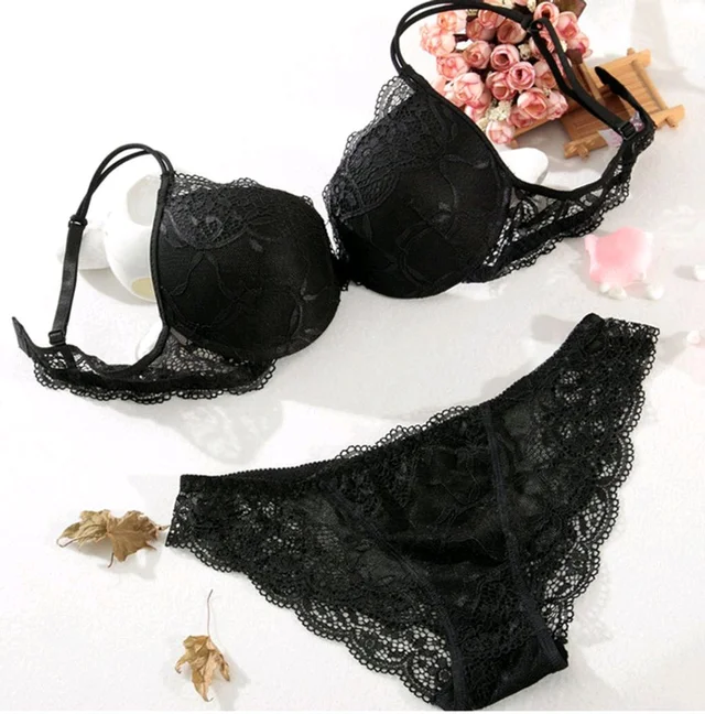 Bra & Panty Set Embroidered Black Lingerie Set - Black, 34A