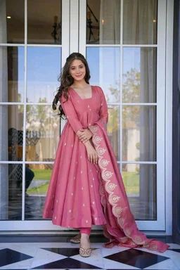 Women's Designer Soft Bandhani Anarkali Styles Salwar Suit
- Darty pink, L