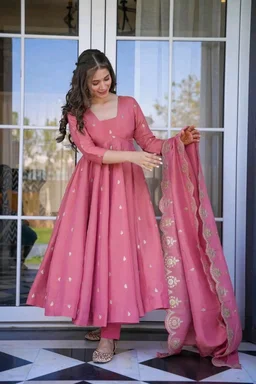 Women's Designer Soft Bandhani Anarkali Styles Salwar Suit
- Darty pink, S