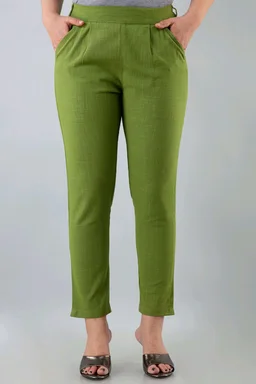 Women Relaxed Brown Pure Cotton Trousers - Green, 30