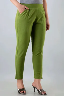 Women Relaxed Brown Pure Cotton Trousers - Green, 32