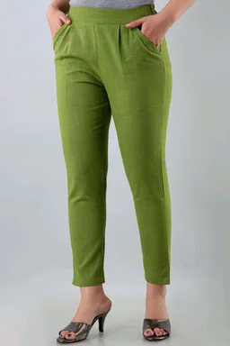 Women Relaxed Brown Pure Cotton Trousers - Green, 34