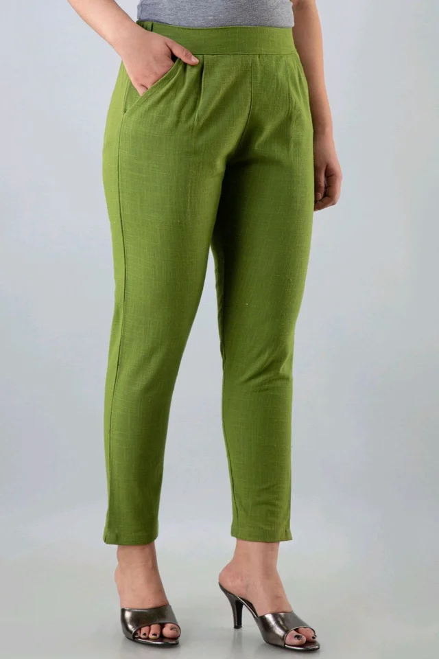 Women Relaxed Brown Pure Cotton Trousers - Green, 38