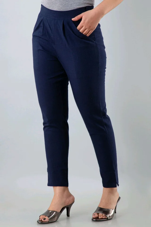 Women Relaxed Brown Pure Cotton Trousers - Navy Blue, 34