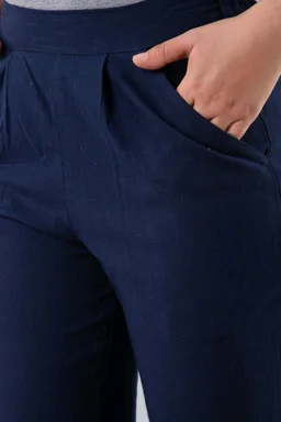 Women Relaxed Brown Pure Cotton Trousers - Navy Blue, 36