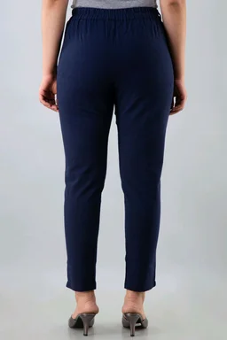 Women Relaxed Brown Pure Cotton Trousers - Navy Blue, 38