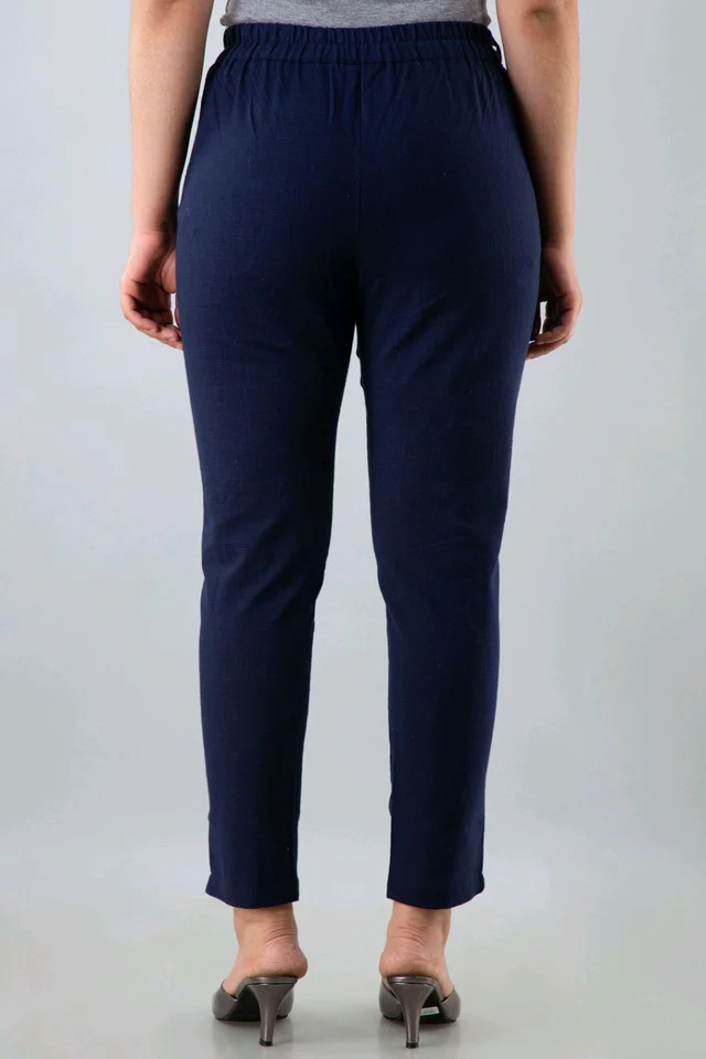 Women Relaxed Brown Pure Cotton Trousers - Navy Blue, 38