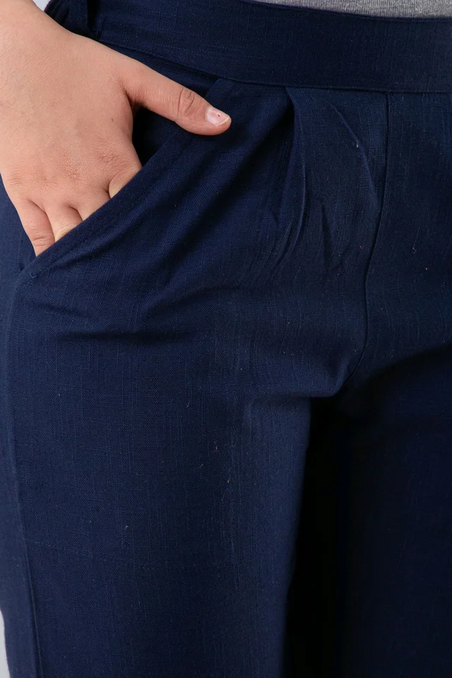 Women Relaxed Brown Pure Cotton Trousers - Navy Blue, 38