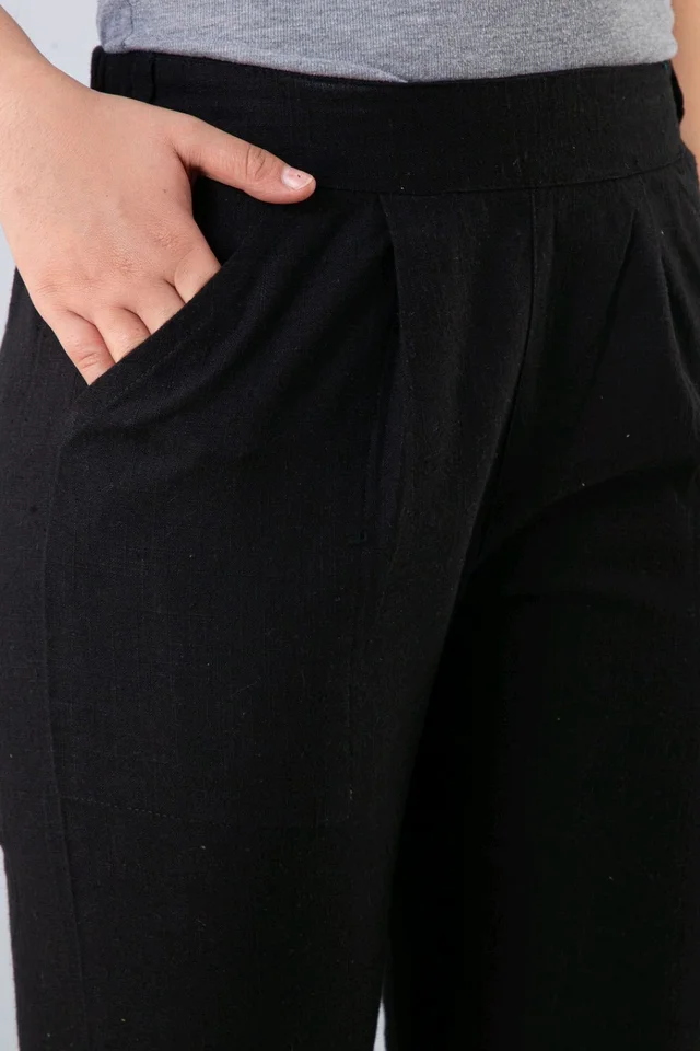 Women Relaxed Brown Pure Cotton Trousers - Black, 32