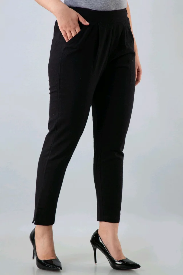 Women Relaxed Brown Pure Cotton Trousers - Black, 34