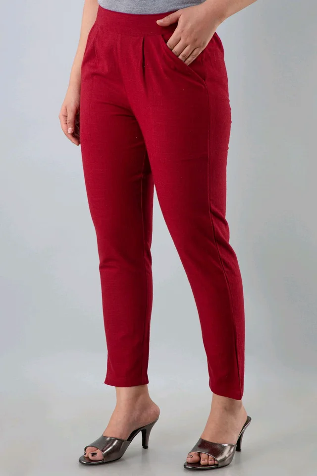 Women Relaxed Brown Pure Cotton Trousers - Venetian Red, 34