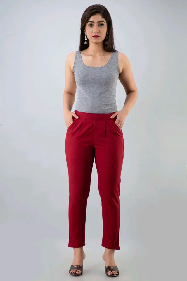 Women Relaxed Brown Pure Cotton Trousers - Venetian Red, 36
