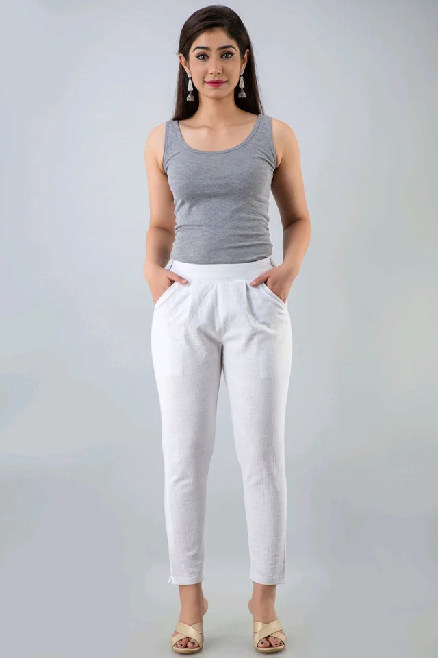 Women Relaxed Brown Pure Cotton Trousers - White, 30