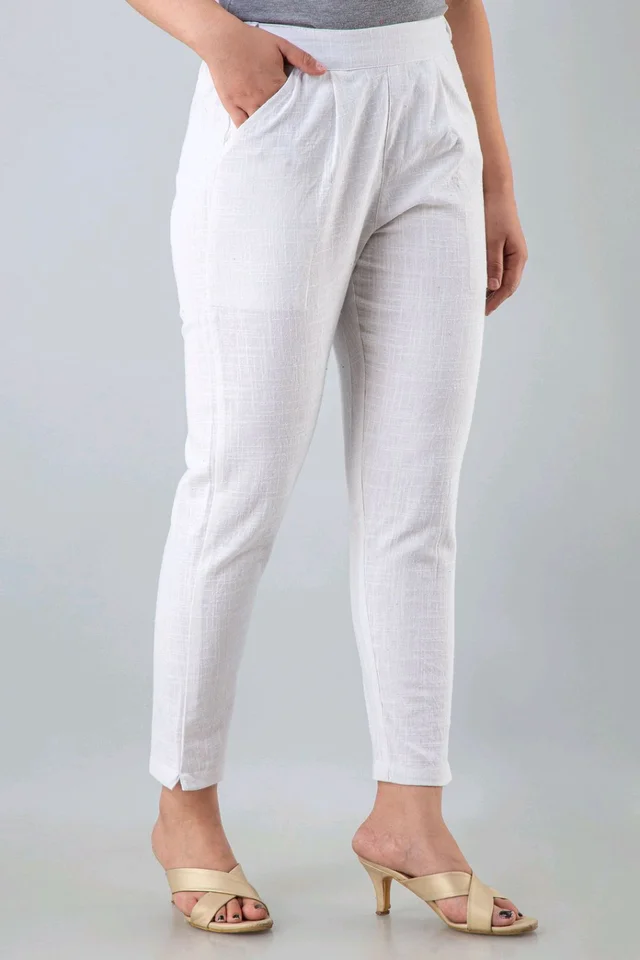 Women Relaxed Brown Pure Cotton Trousers - White, 32