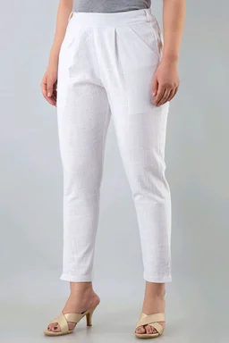 Women Relaxed Brown Pure Cotton Trousers - White, 34