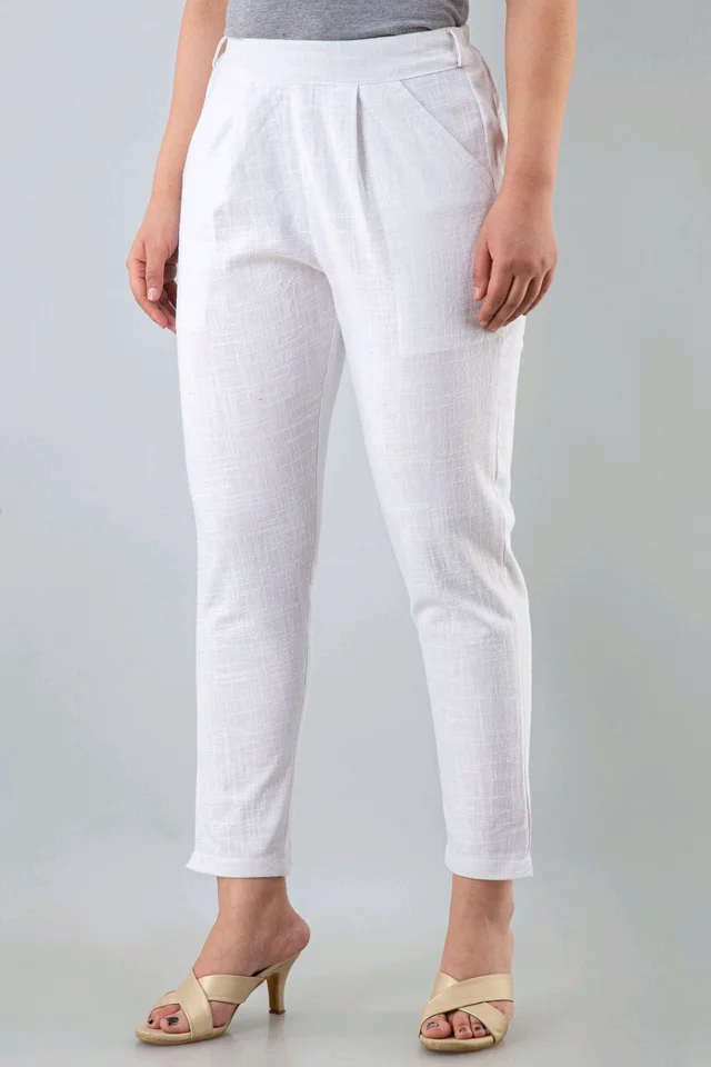 Women Relaxed Brown Pure Cotton Trousers - White, 36