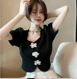 Casual Puff Sleeves Solid Women Beige Top - Black, M
