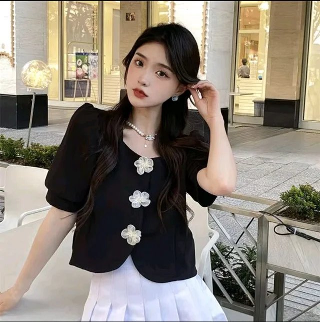 Casual Puff Sleeves Solid Women Beige Top - Black, S