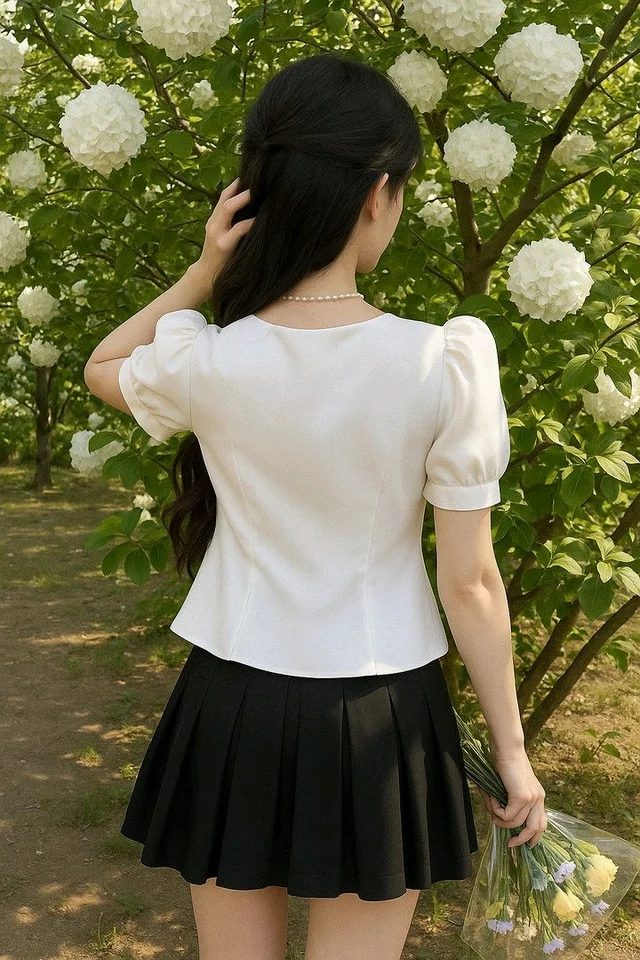 Casual Puff Sleeves Solid Women Beige Top - White, L