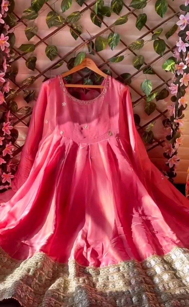 Celebrity Style Dusty Pink Color Vichitra Silk With Embroidery Zari-Codding Sequins Work Anarkali Gown - Pink Salmon, M