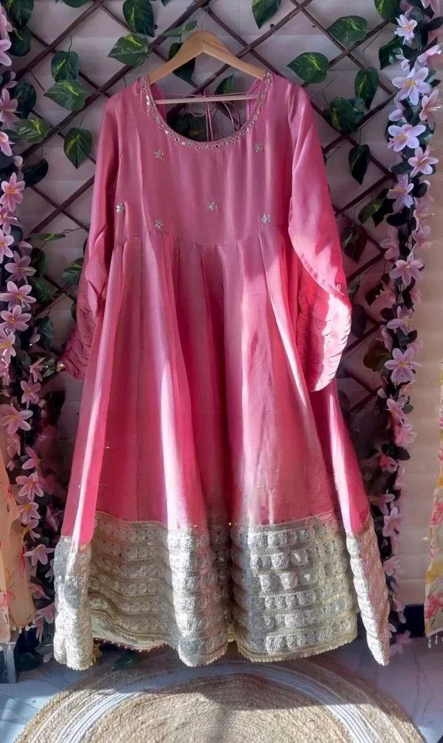 Celebrity Style Dusty Pink Color Vichitra Silk With Embroidery Zari-Codding Sequins Work Anarkali Gown - Pink Salmon, XXL