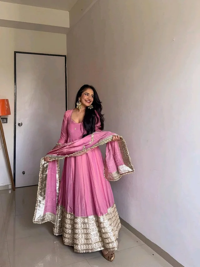 Celebrity Style Dusty Pink Color Vichitra Silk With Embroidery Zari-Codding Sequins Work Anarkali Gown - Pink Salmon, XXXL