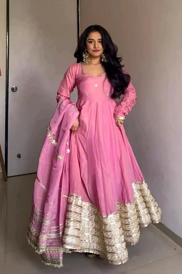 Celebrity Style Dusty Pink Color Vichitra Silk With Embroidery Zari-Codding Sequins Work Anarkali Gown - Pink Salmon, XXXL