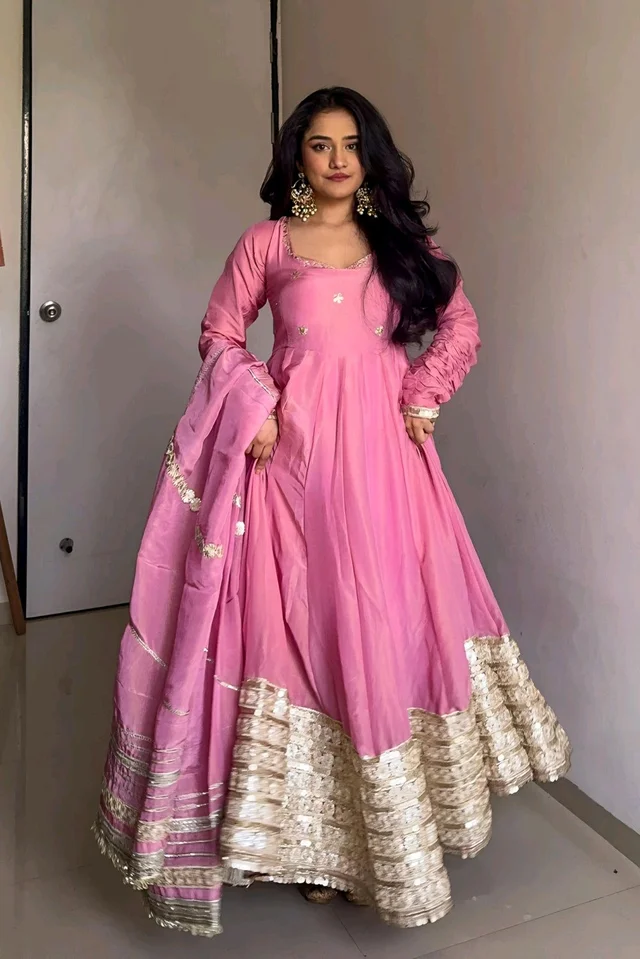 Celebrity Style Dusty Pink Color Vichitra Silk With Embroidery Zari-Codding Sequins Work Anarkali Gown - Pink Salmon, XXXL