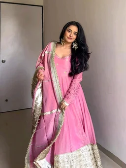Celebrity Style Dusty Pink Color Vichitra Silk With Embroidery Zari-Codding Sequins Work Anarkali Gown - Pink Salmon, XXXL