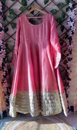 Celebrity Style Dusty Pink Color Vichitra Silk With Embroidery Zari-Codding Sequins Work Anarkali Gown - Pink Salmon, XXXL