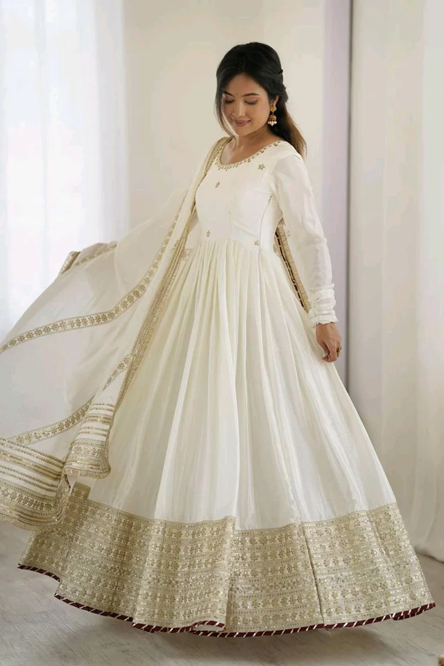 Celebrity Style Dusty Pink Color Vichitra Silk With Embroidery Zari-Codding Sequins Work Anarkali Gown - White, L