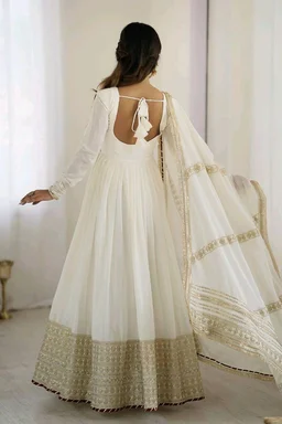 Celebrity Style Dusty Pink Color Vichitra Silk With Embroidery Zari-Codding Sequins Work Anarkali Gown - White, L