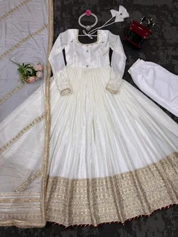 Celebrity Style Dusty Pink Color Vichitra Silk With Embroidery Zari-Codding Sequins Work Anarkali Gown - White, M