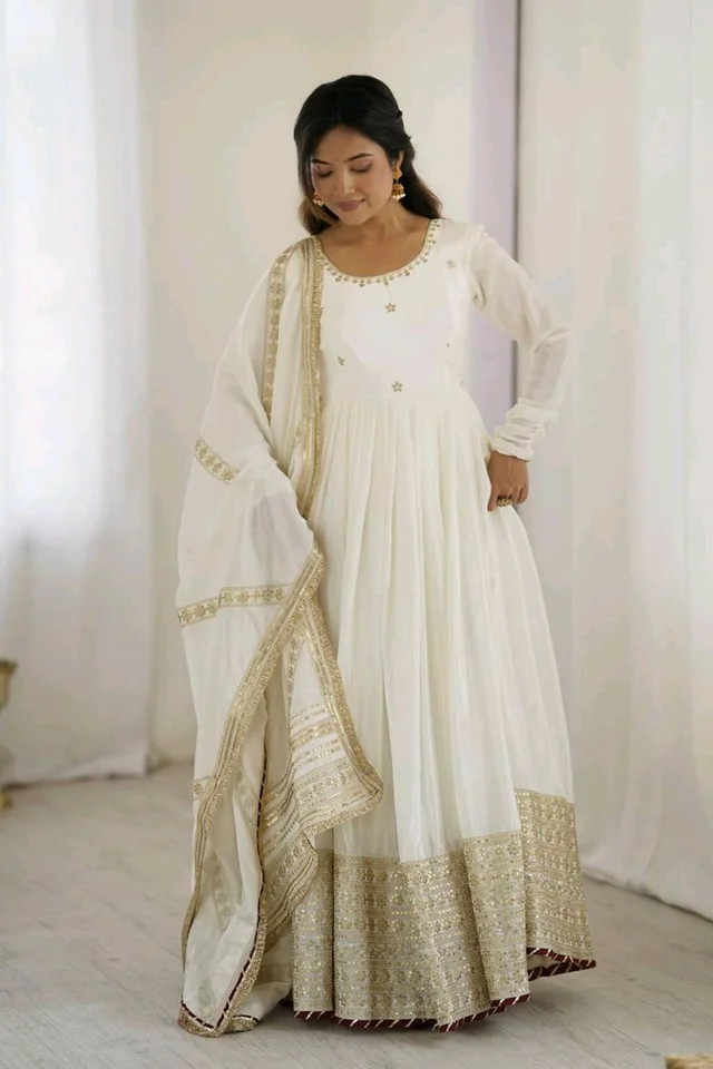 Celebrity Style Dusty Pink Color Vichitra Silk With Embroidery Zari-Codding Sequins Work Anarkali Gown - White, XL