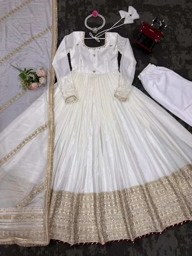 Celebrity Style Dusty Pink Color Vichitra Silk With Embroidery Zari-Codding Sequins Work Anarkali Gown - White, XXL