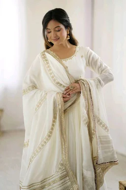 Celebrity Style Dusty Pink Color Vichitra Silk With Embroidery Zari-Codding Sequins Work Anarkali Gown - White, XXXL