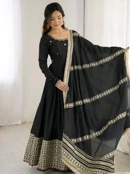 Celebrity Style Dusty Pink Color Vichitra Silk With Embroidery Zari-Codding Sequins Work Anarkali Gown - Black, L