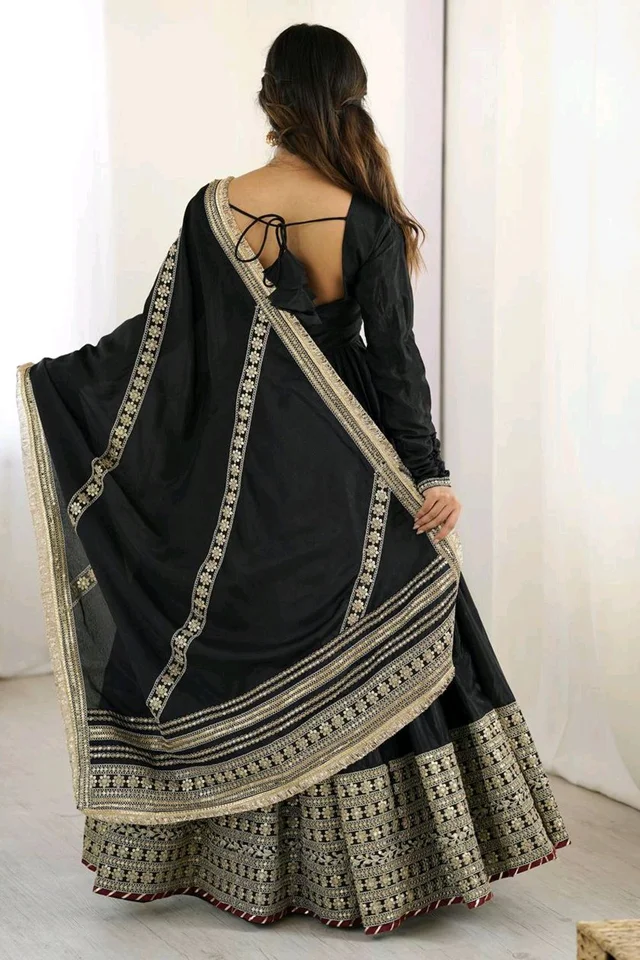 Celebrity Style Dusty Pink Color Vichitra Silk With Embroidery Zari-Codding Sequins Work Anarkali Gown - Black, M