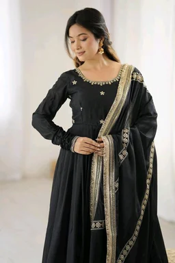 Celebrity Style Dusty Pink Color Vichitra Silk With Embroidery Zari-Codding Sequins Work Anarkali Gown - Black, M