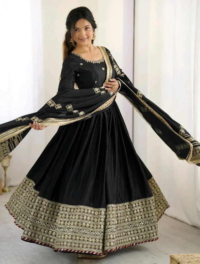 Celebrity Style Dusty Pink Color Vichitra Silk With Embroidery Zari-Codding Sequins Work Anarkali Gown - Black, M