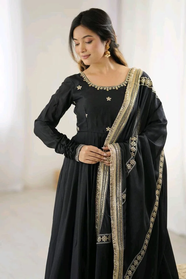 Celebrity Style Dusty Pink Color Vichitra Silk With Embroidery Zari-Codding Sequins Work Anarkali Gown - Black, XL