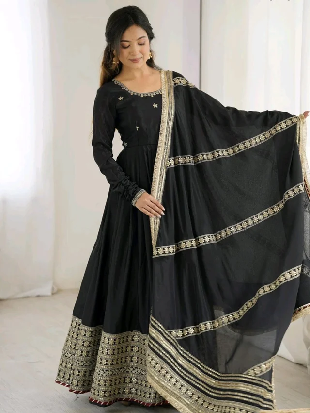 Celebrity Style Dusty Pink Color Vichitra Silk With Embroidery Zari-Codding Sequins Work Anarkali Gown - Black, XL