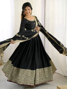 Celebrity Style Dusty Pink Color Vichitra Silk With Embroidery Zari-Codding Sequins Work Anarkali Gown - Black, XL